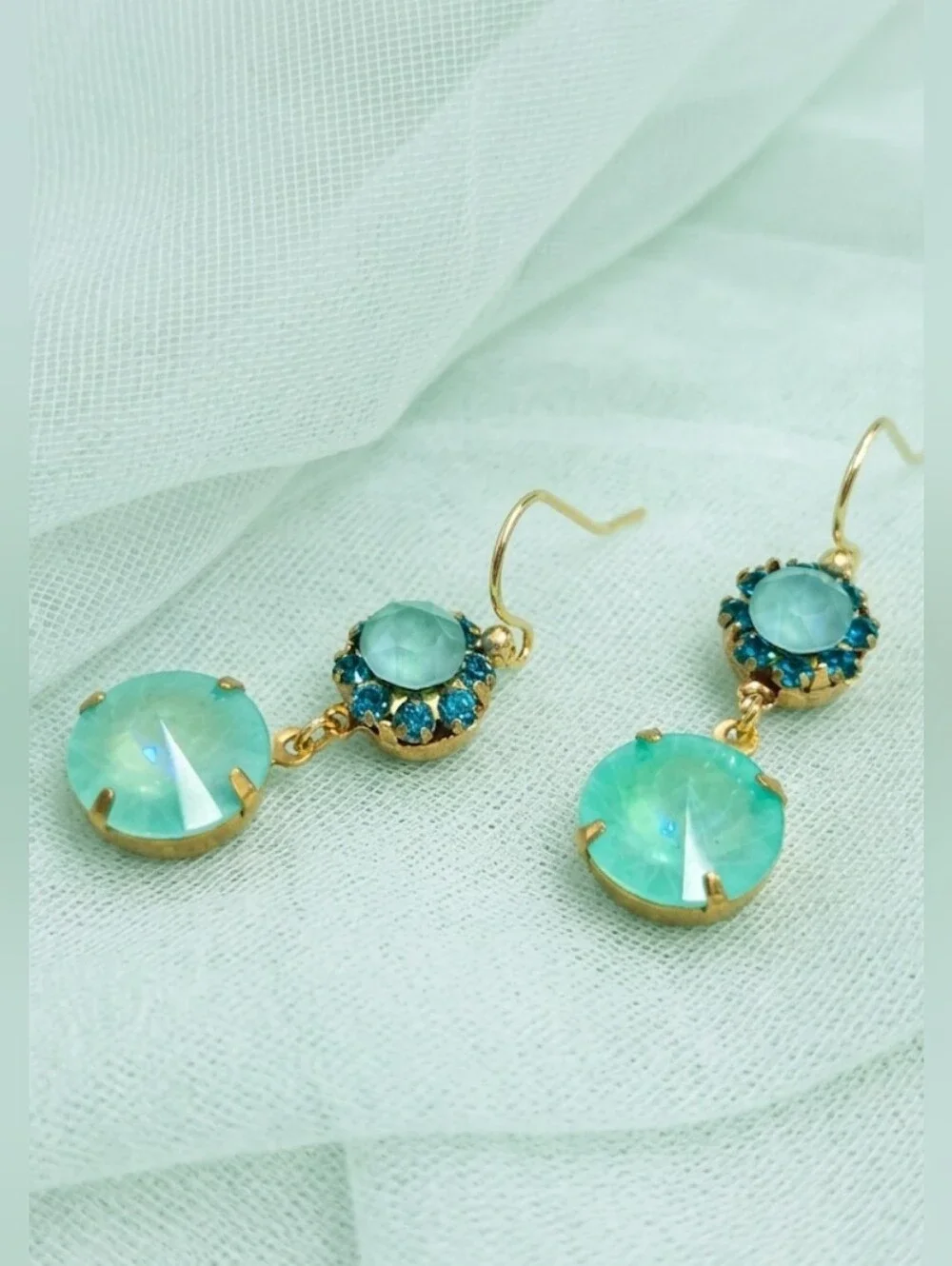 Mint Macaron Swarovski Crystals In Artisan Drop Gold Handmade Brass Earrings
